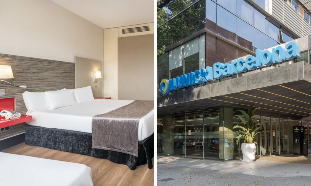 Guest room at Hotel Ilunion in Barcelona, Spain (left) and front entrance and signage for Hotel Ilunion (right)