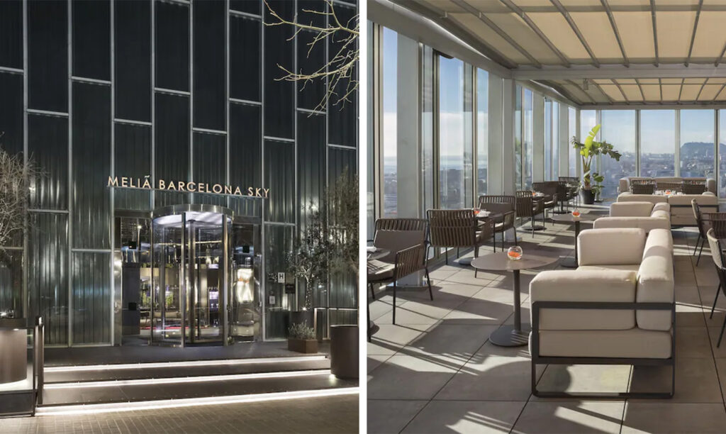 Front entrance and signage for the The Level Melia at Barcelona Sky, a hotel in Barcelona, Spain (left) and a common area with floor to ceiling windows (right)