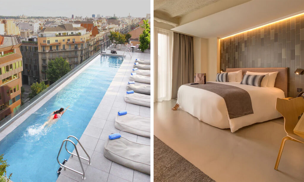 Woman swimming in rooftop swimming pool at Ohla Eixample in Barcelona, Spain (left) and guest room at Ohla Eixample (right)