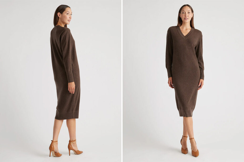Quince Mongolian Cashmere V-Neck Midi Dress, the Best Cashmere Dress for Fall travel
