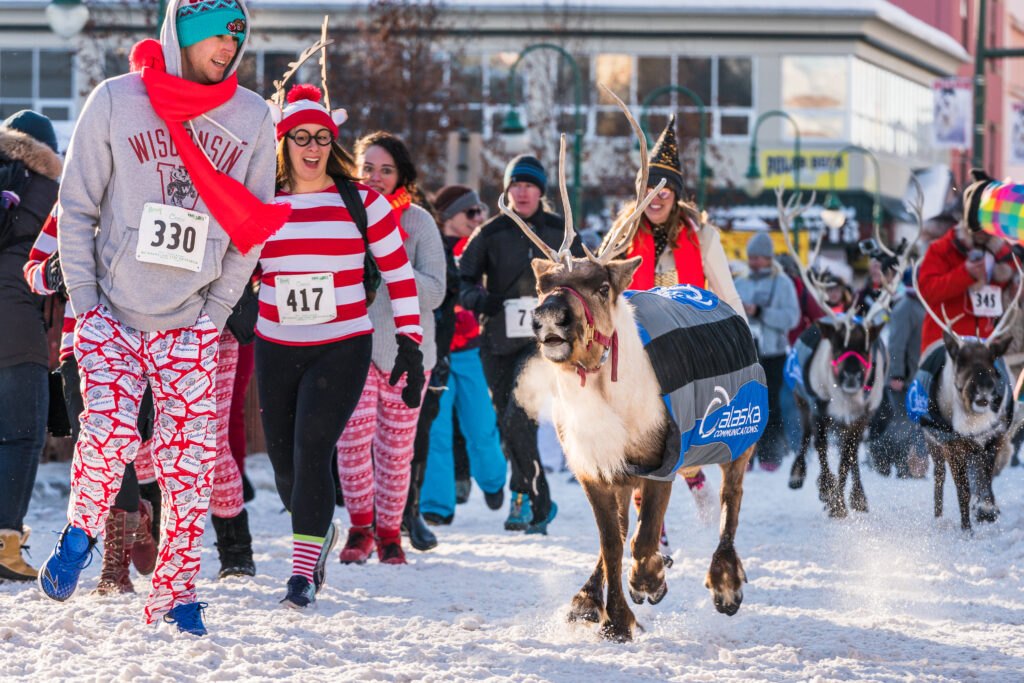 Running of the Reindeer at Fur Rendezvous Festival in Anchorage, Alaska