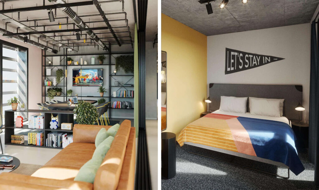 A common area at The Social Hub hotel in Barcelona, Spain (left) and a guest room from the same property (right)