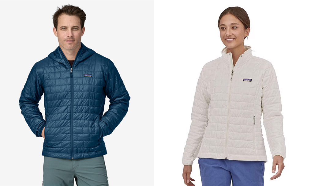Models wearing the men's and women's sizes of the Patagonia PrimaLoft Nano Puff Coat