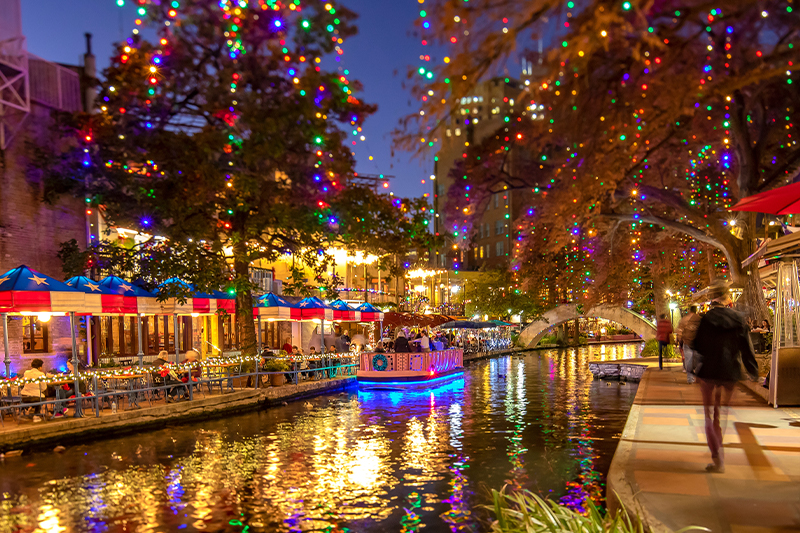 San Antonio Riverwalk in the evening during the holiday season