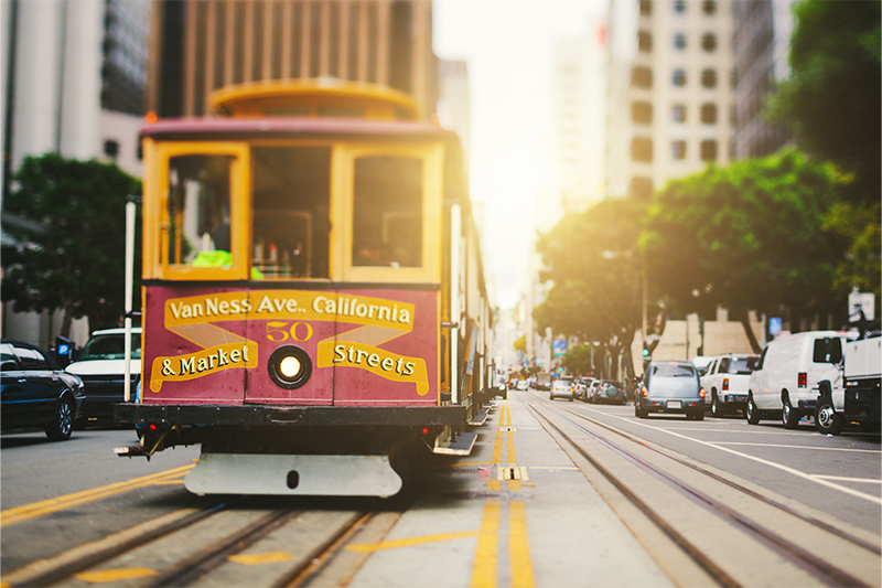 Cable car on a San Francisco street in California