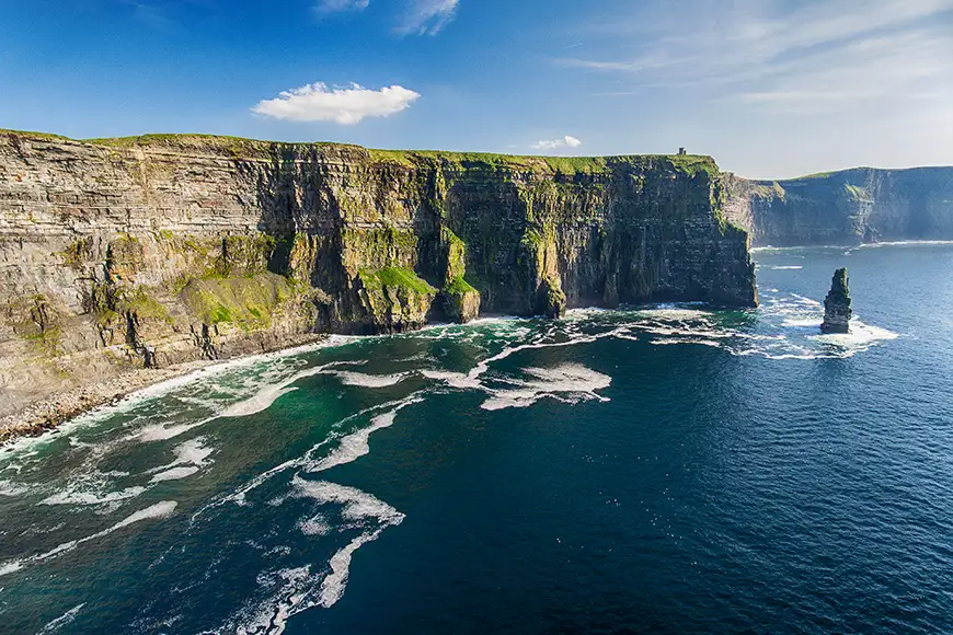 Aerial Ireland countryside tourist attraction in County Clare. The Cliffs of Moher and Burren Ireland. Epic Irish Landscape Seascape along the wild atlantic way. UNESCO Global Geopark 