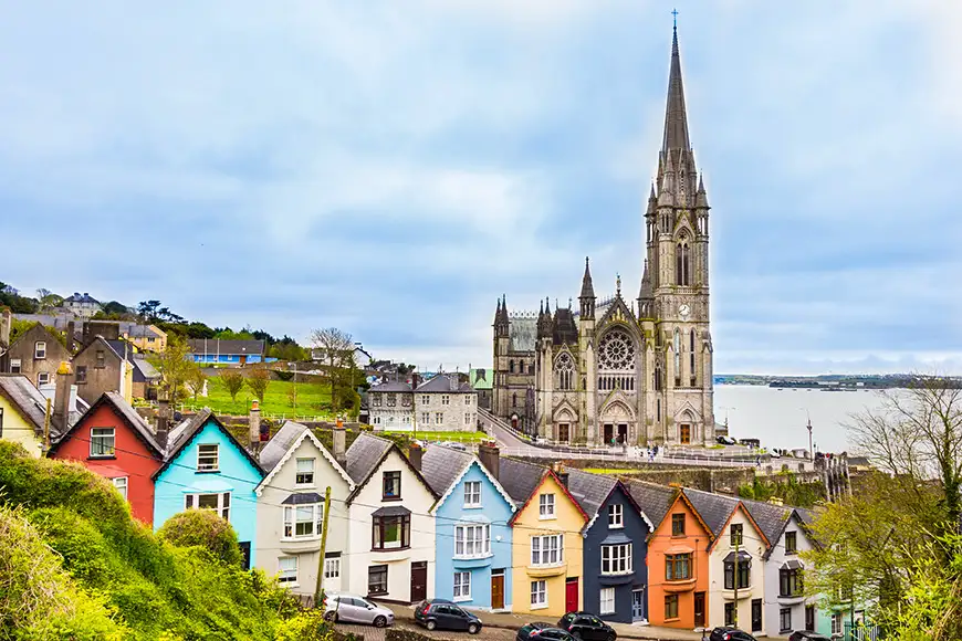 Cathedral and colorful houses in Cobh, Ireland 