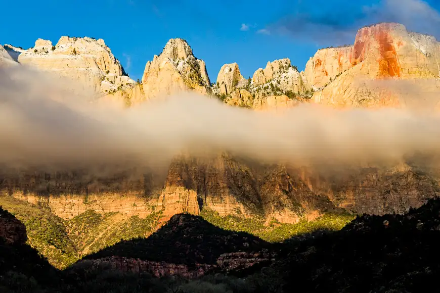 Morning fog on the towers of virgin zion national park
