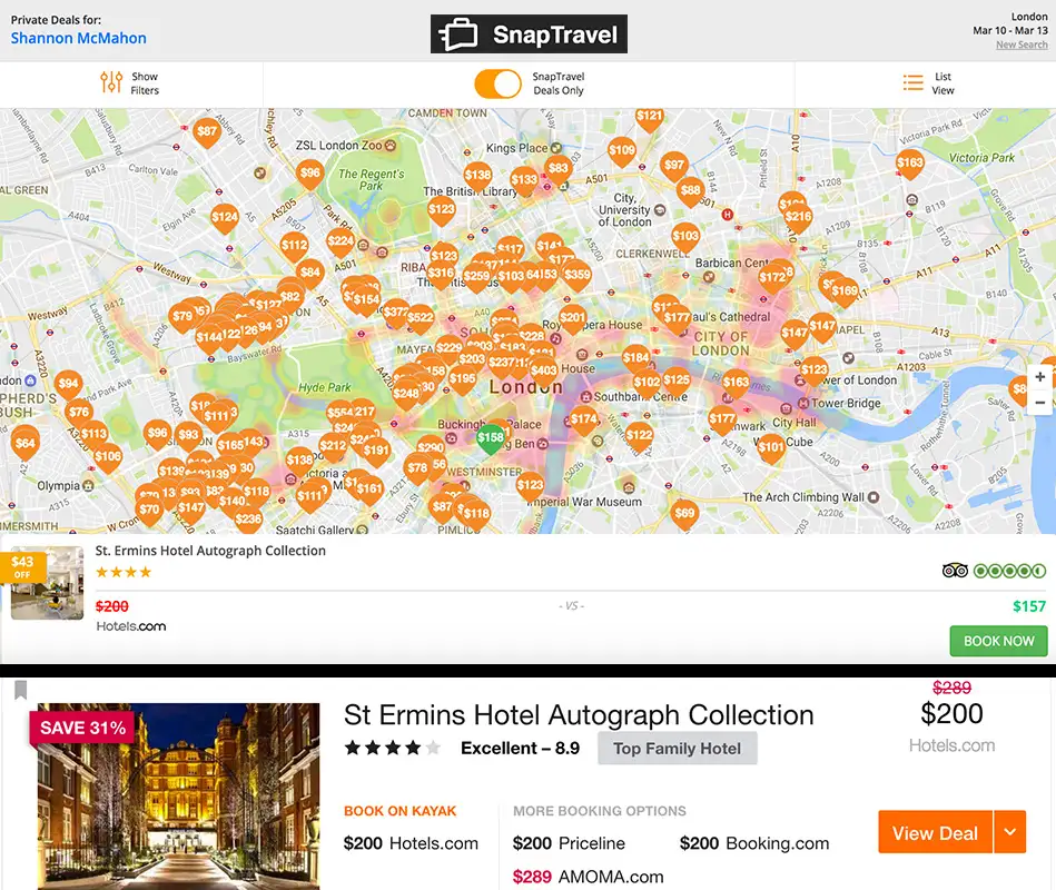 London map snap vs hotels