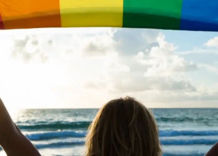 rainbow flag held by a woman's silhouette