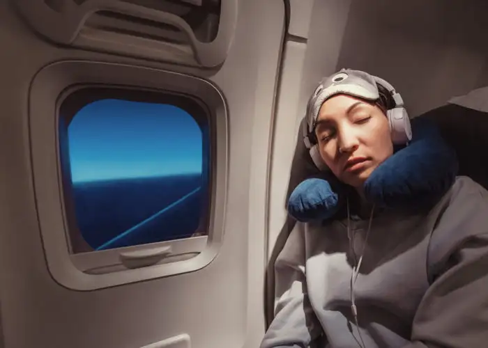Woman sleeping on plane with neck rest, eye mask, and headphones
