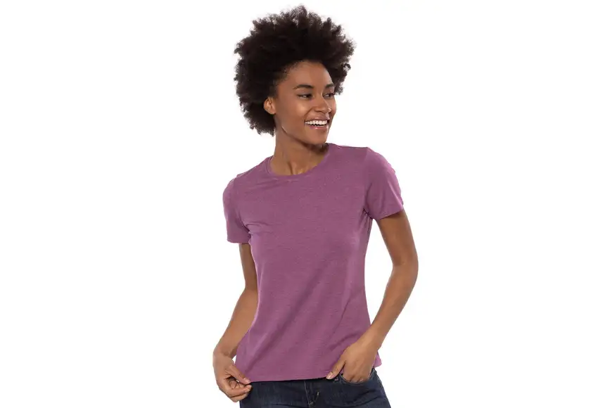 women purple short sleeve shirt.