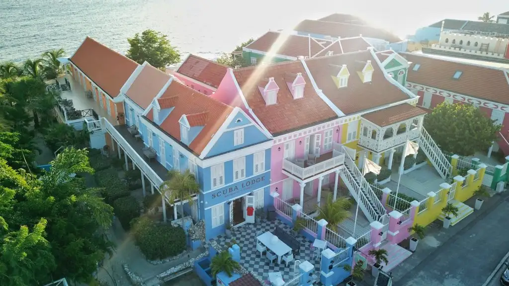 aerial view of colorful hotel on caribbean island