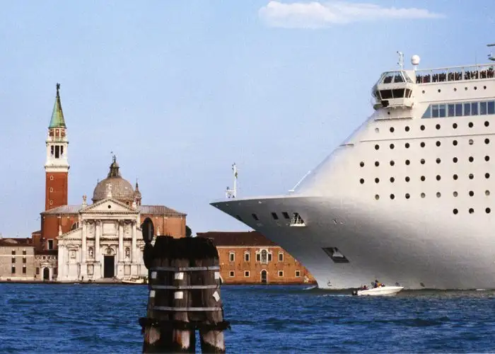 cruise ship in Venice dwarfing cathedral