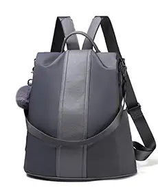Grey backpack with pom pom