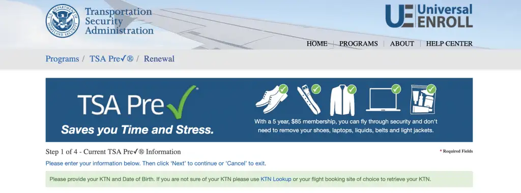 TSA precheck homepage