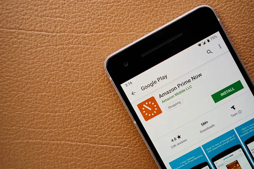 Amazon prime now app on smartphone screen close-up