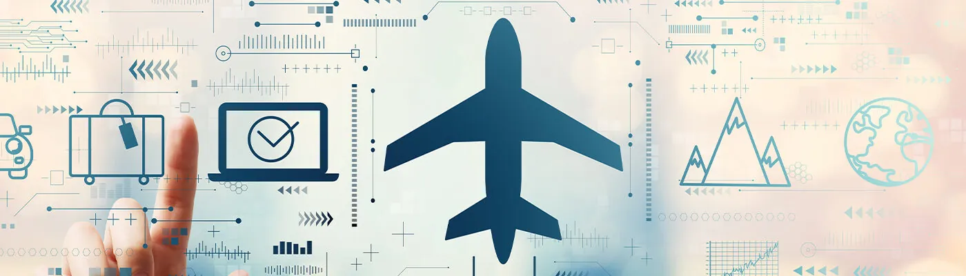 Graphic of an airplane and several travel symbols projected on a screen