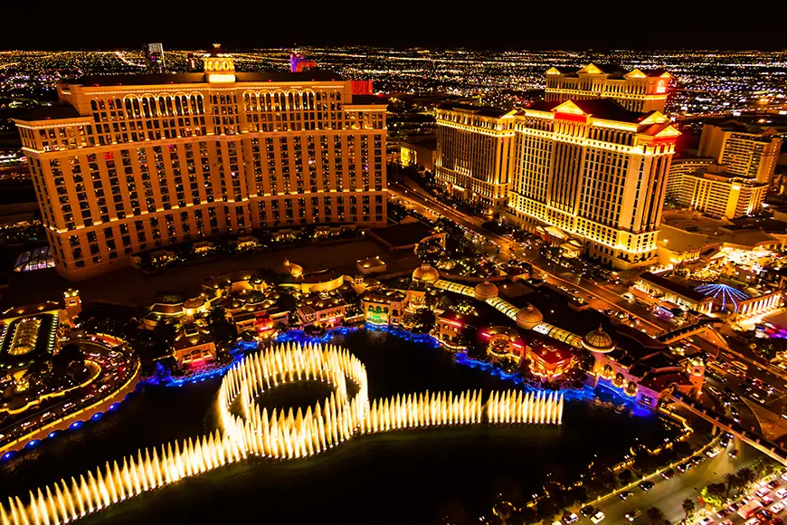 aerial view of las vegas fountains.