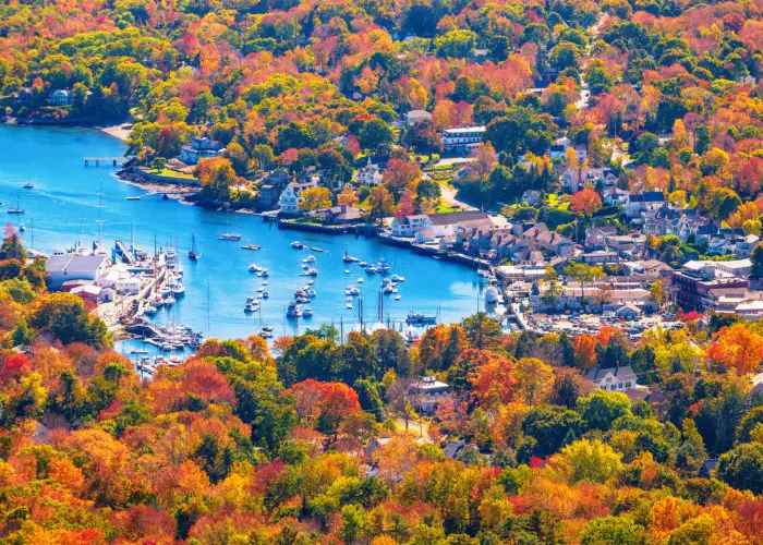 Aerial view of fall foliage in Main