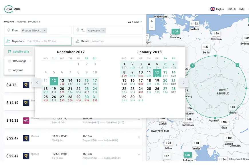 screenshot of kiwi.com showing dates booking