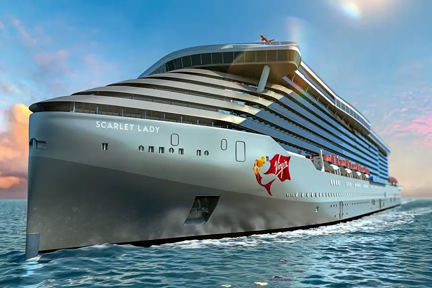 exterior of scarlet lady the new virgin voyages cruise ship