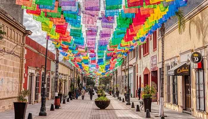 Street with colorful flags in Durango, Mexico, Historical Center