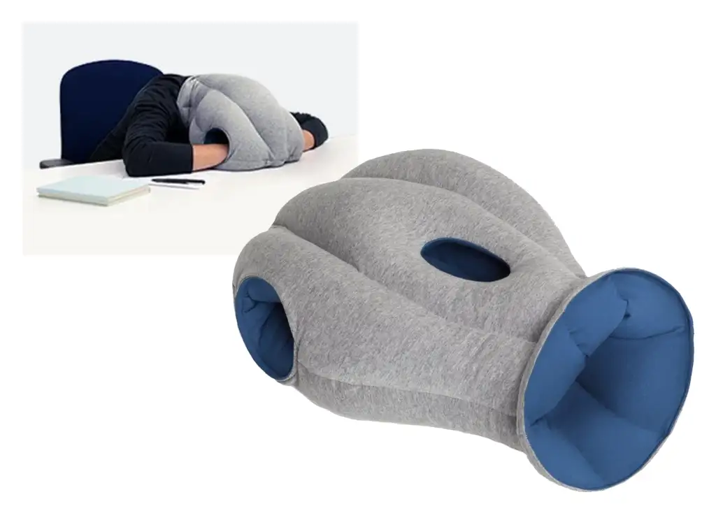 Ostrich Pillow on a white background and person wearing the Ostrich Pillow and napping on their desk