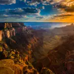 View from a North Rim lookout at the Grand Canyon during sunset