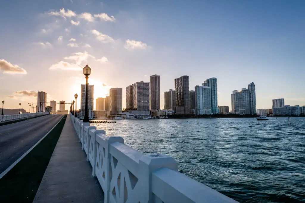 A view of the Venetian Causeway walking path in Miami, Florida