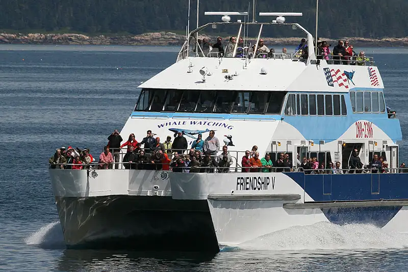 Crowd of tourists on whale watching boat from Bar Harbor Whale Watch Co.
