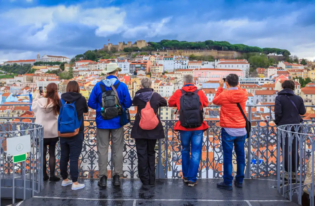 Group of tourists looking at the skyline of Lisbon