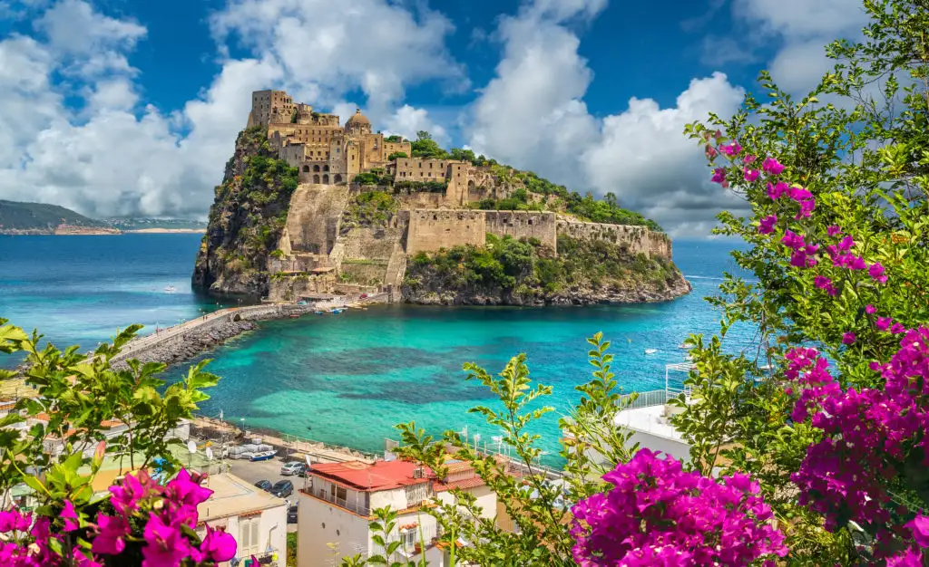 View of castle off the island of Ischia, Italy