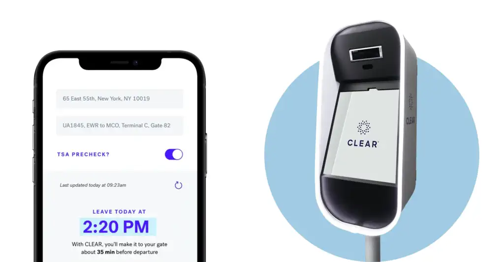 Cellphone showing CLEAR app (left) and example of a CLEAR booth (right)