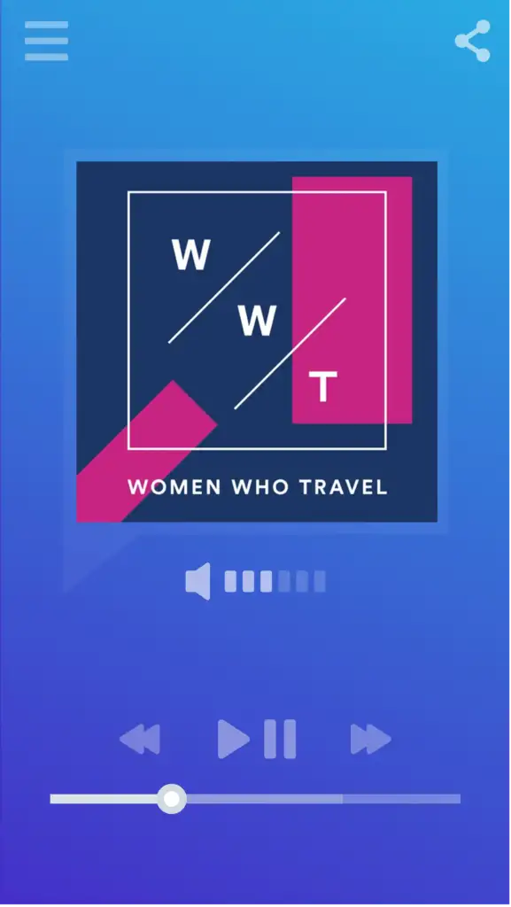 Smartphone music/podcast player displaying logo for the Women Who Travel podcast