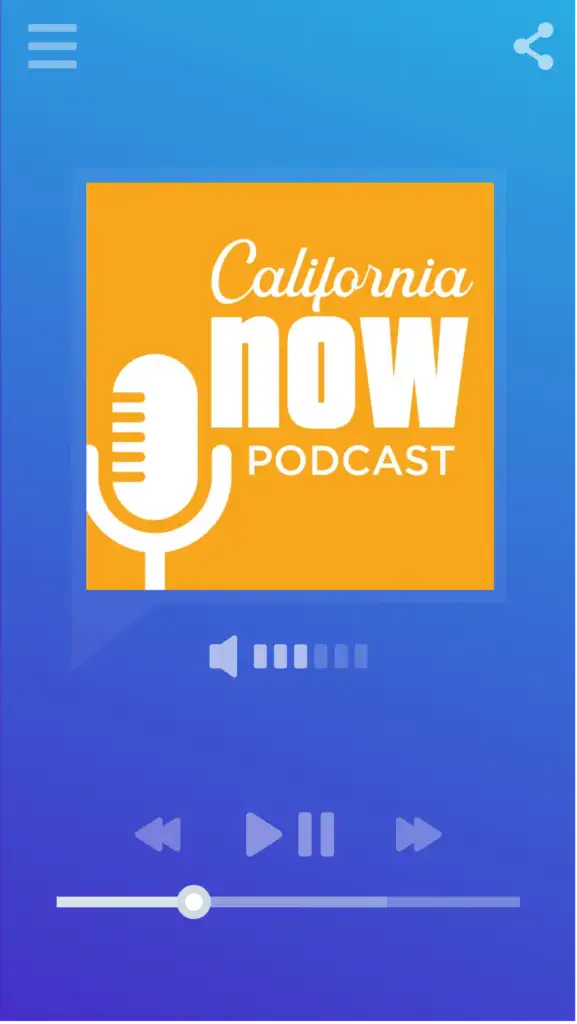 Smartphone music/podcast player displaying logo for the California Now podcast