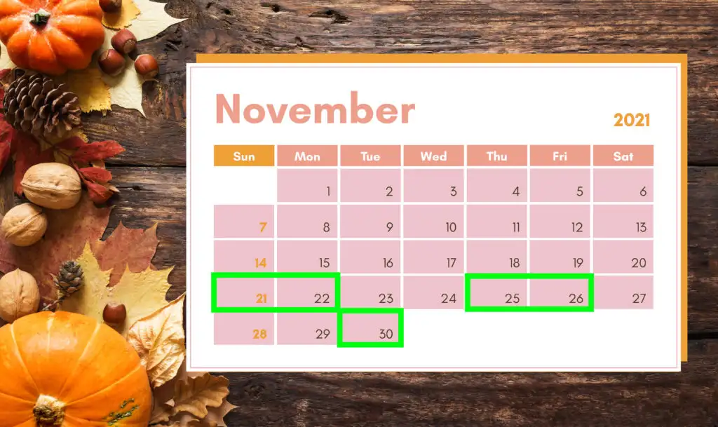 November calendar on Thanksgiving themed background showing the best days to travel for Thanksgiving