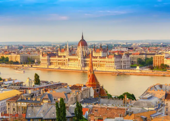 Hungarian Parliament building and Budapest skyline on the Danube River