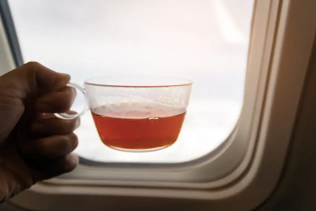 Hand holding clear cup of tea in front of airplane window
