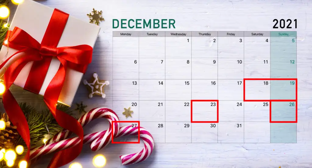Calendar on Christmas backdrop showing the worst days to fly during the Christmas season 2021