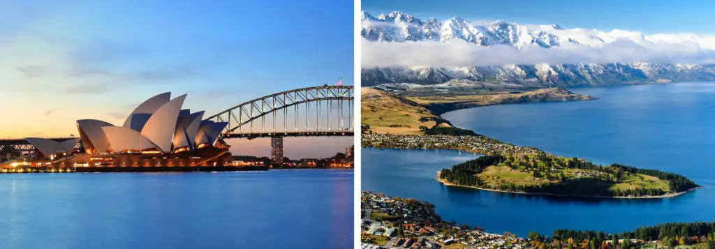 The Sydney Opera House (left) and Queenstown, New Zealand (right)