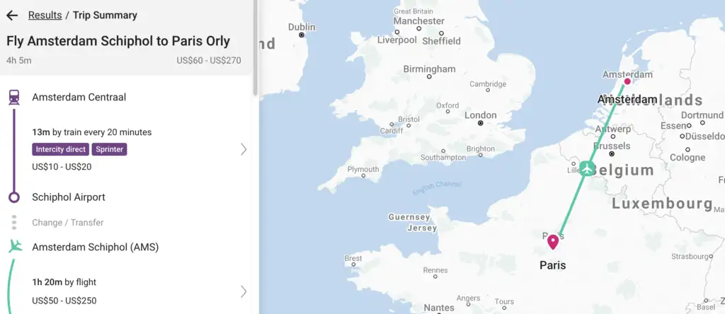 Screenshot of Rome2rio search results page for Amsterdam to Paris bus and plane