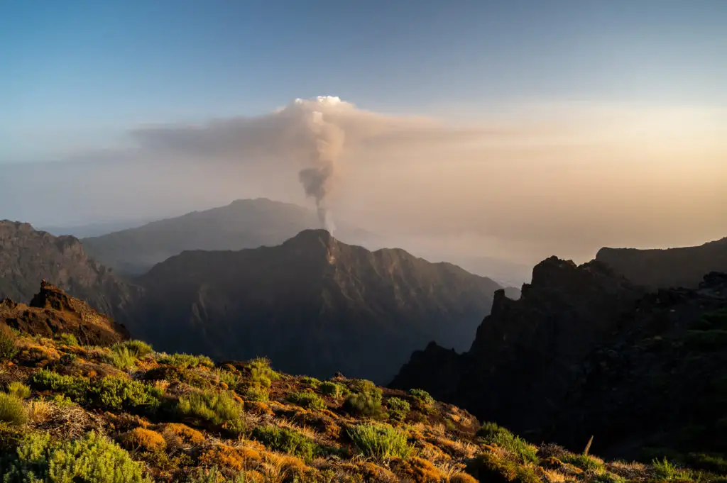 Smoke and ash column rising from Cumbre Vieja, Canary Islands, Spain