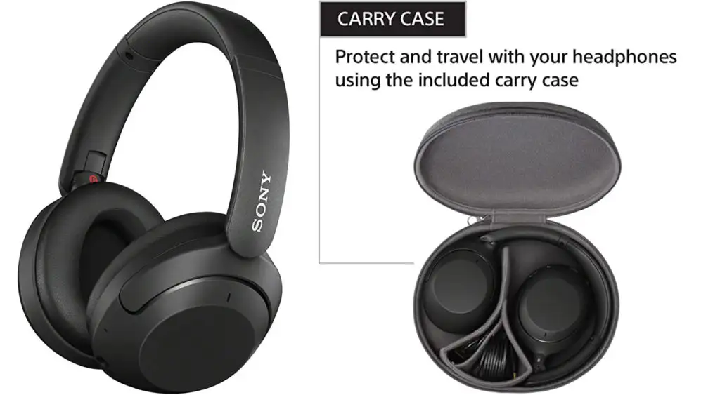 Side angle view of the Sony WH-XB910N headphones and graphic showing the headphones collapsed into their carrying case