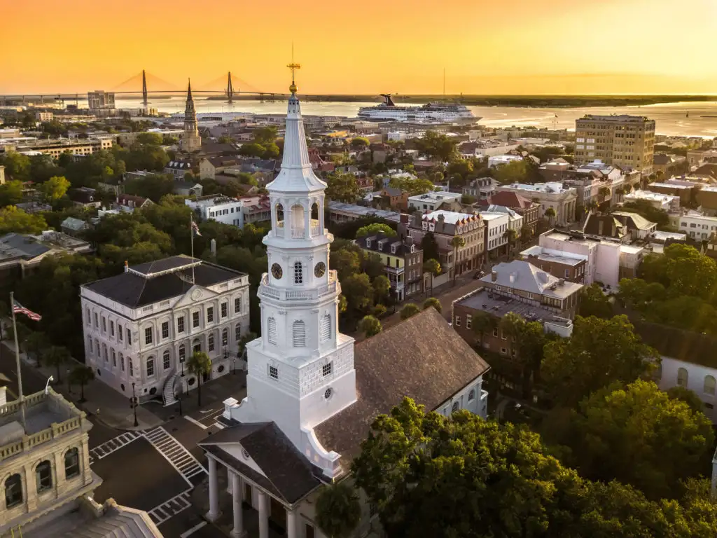 Aerial view of Charleston, South Carolina at sunset