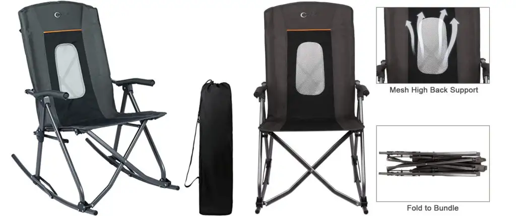 Two views of the Portal Camping Rocking Chair, including close up of carrying bag and folding chair functionality 