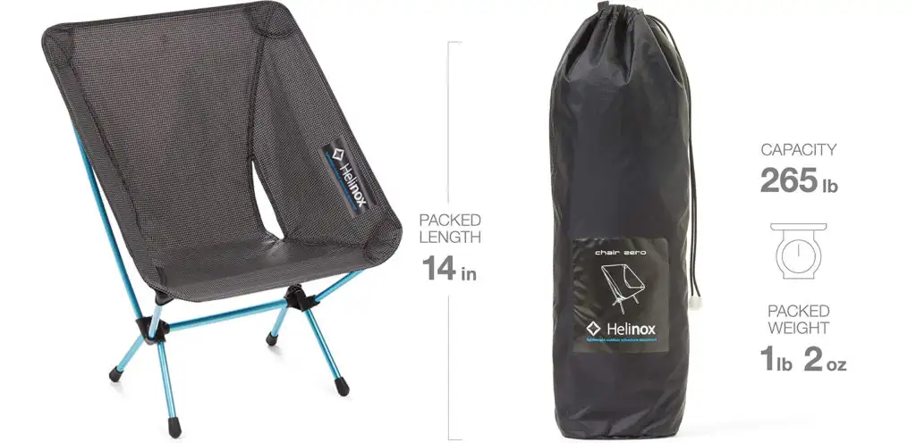 Helinox Chair Zero Ultralight Camping Chair (left) and Helinox camp chair storage bag (right)
