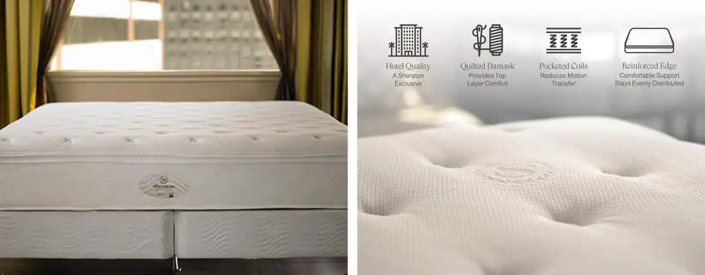 Two images side by side showing the mattress used in Sheraton hotel beds, one set up in a room (left) and the other a close up with graphics showing the various qualities of the mattress brand (right)