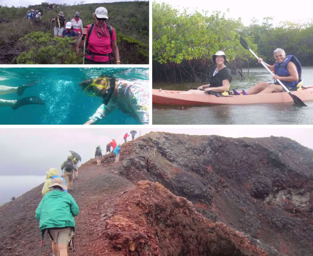 A collage of images of women taking part in the Adventures in Good Company: Exploring the Galapagos Islands trip,  one of many women-only trips