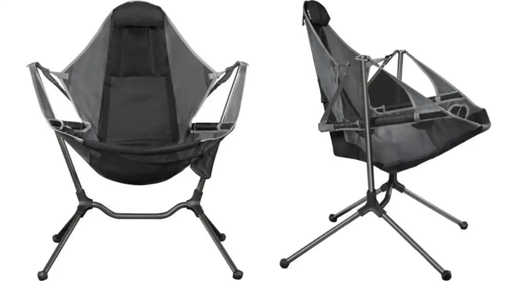 Two views of the deluxe NEMO Stargaze Recliner Luxury Chair, supported by two poles for stability